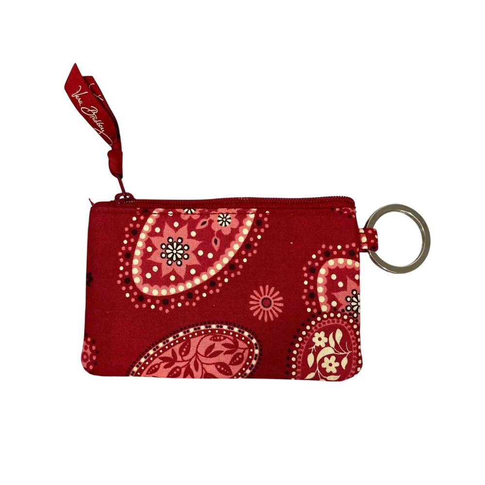 Vera Bradley Red Paisley Zip ID Case Quilted Cotton Wallet Key Ring ID Window